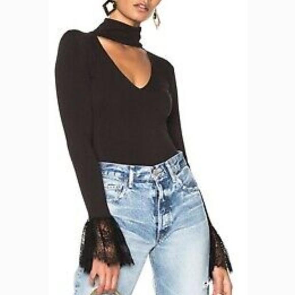 CINQ a Sept Bodysuit Black Choker Lace Cuff Long Sleeves - Picture 12 of 12